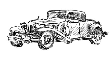 Vintage car. A black and white graphic car of the early 20th century. Beautiful print on a T-shirt, for embroidery, a picture on the wall, a template for decorating.