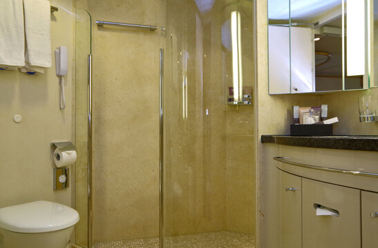 Wellness spa oasis bathroom inside luxury suite cabin stateroom with sink, mirror, bathtub, shower and toilet on luxury yacht cruiseship or cruise ship liner
