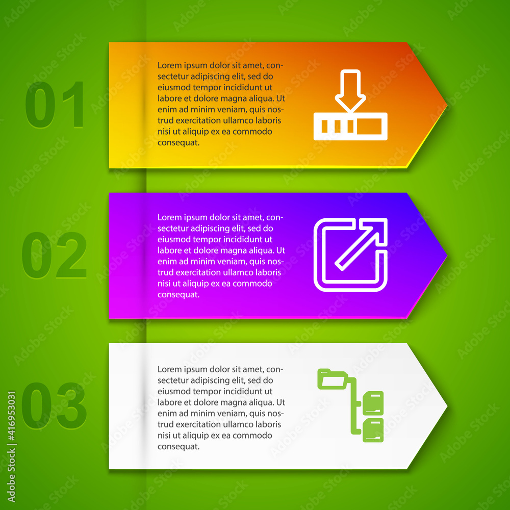 Poster set line loading, open new window, folder tree and ufo flying spaceship and alien. business infograp