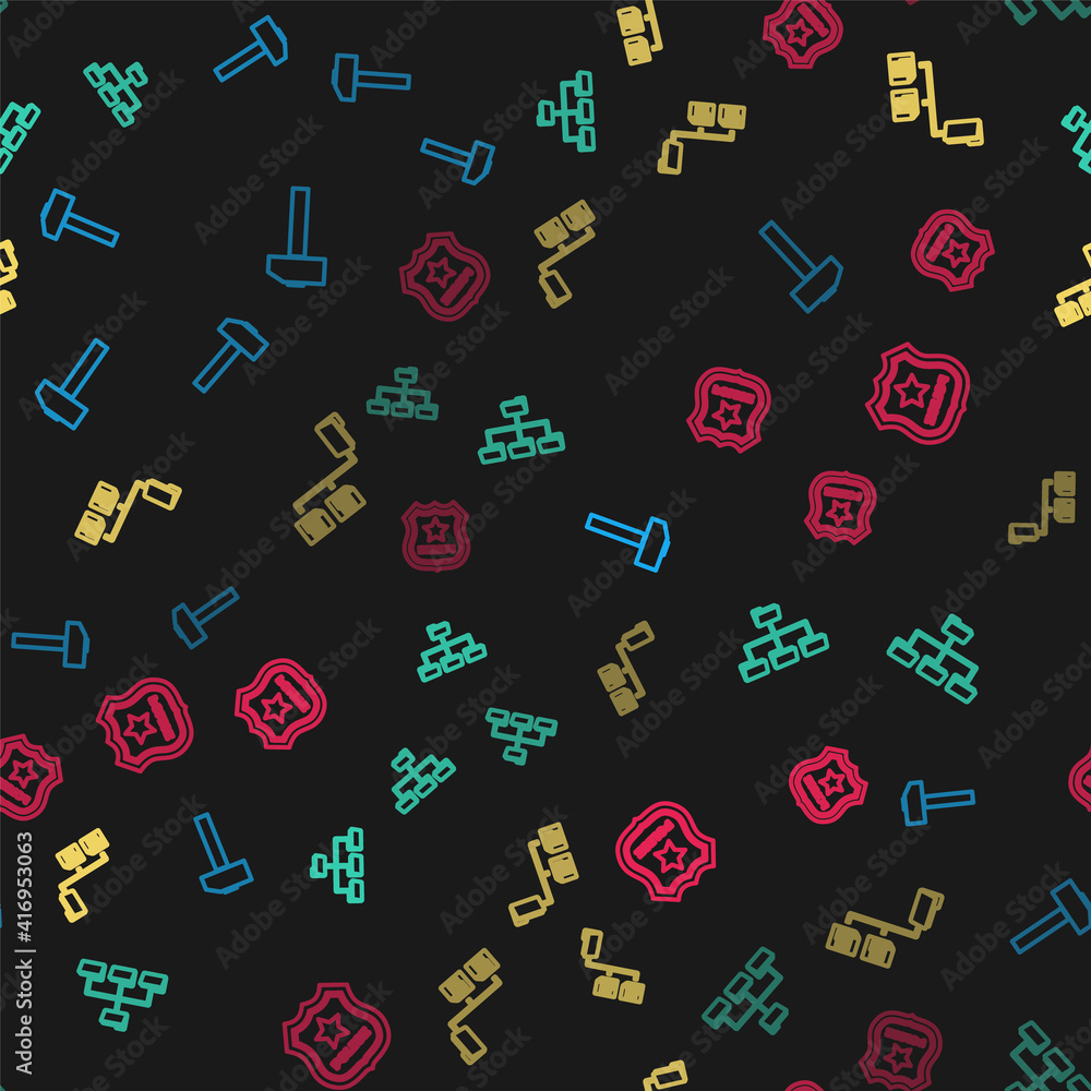 Poster set line hammer, folder tree, and police badge on seamless pattern. vector.