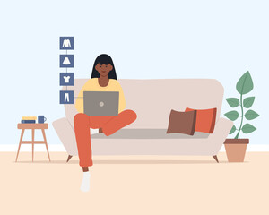 Young african american woman with laptop sitting on the couch doing online shopping, buying clothes. Online shopping concept. E-commerce.  Cute vector illustration  cartoon flat style