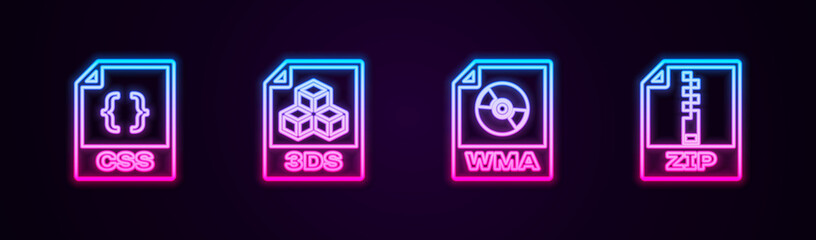 Set line CSS file document, 3DS, WMA and ZIP. Glowing neon icon. Vector.