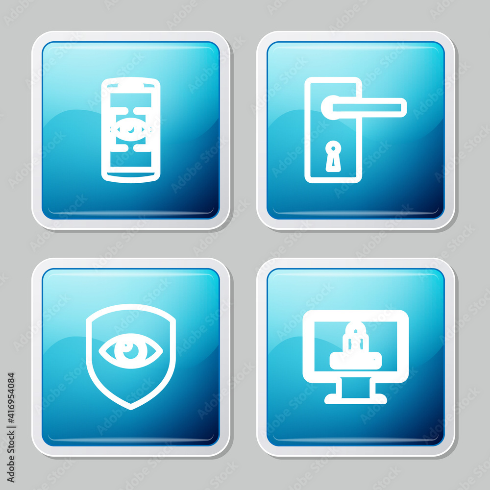Poster set line mobile and eye scan, door handle, shield and monitor with password icon. vector.