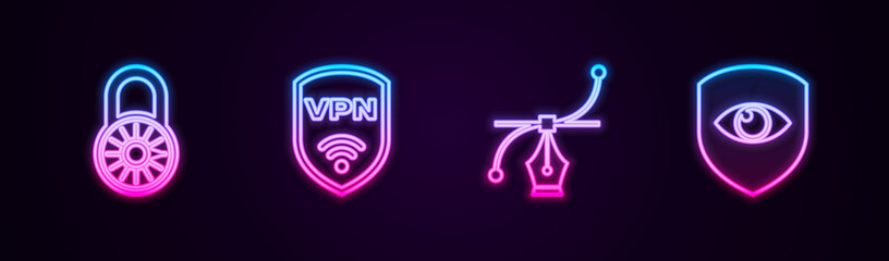 Set line Safe combination lock wheel, Shield with VPN wireless, Bezier curve and and eye. Glowing neon icon. Vector.