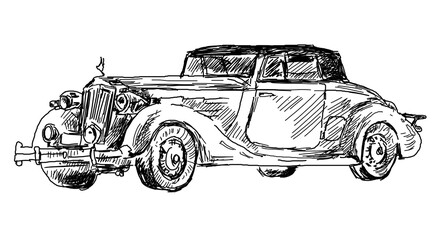 Vintage car. A black and white graphic auto of the 20th century. Beautiful print on a T-shirt, for embroidery, a picture on the wall, a template for decorating