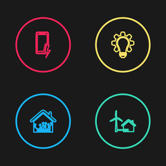 Set line Smart home, House with wind turbine, Light bulb and gear and Mobile charging battery icon. Vector.