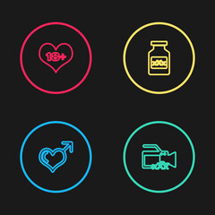 Set line Male gender and heart, Video camera with Sex, Bottle pills for potency and 18 plus content icon. Vector.