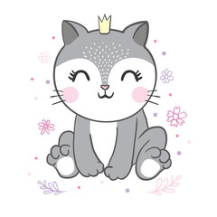 Kawaii kitten in a golden crown. Cute cartoon character.
