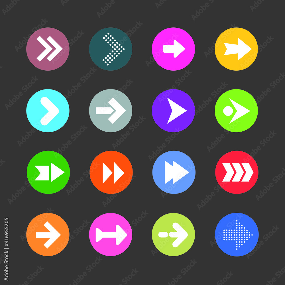 Poster arrow sign icon set. simple circle shape internet button on grey background. contemporary style. vec
