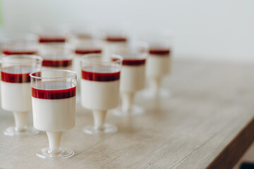 Delicious italian dessert panna cotta with berry sauce on gray background.