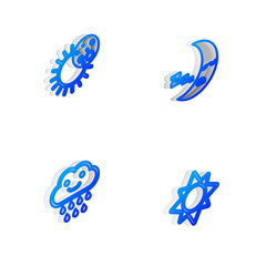 Set Isometric line Moon icon, Eclipse of the sun, Cloud with rain and Sun icon. Vector.
