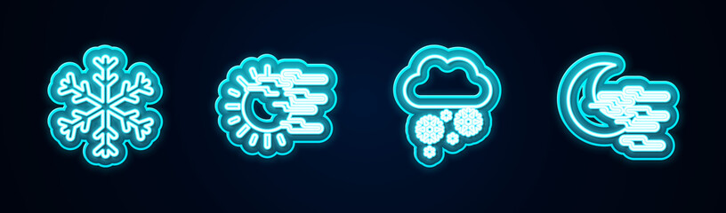 Set line Snowflake, Fog and sun, Cloud with snow and moon. Glowing neon icon. Vector.