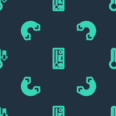 Set line Meteorology thermometer, Rainbow with heart and on seamless pattern. Vector.