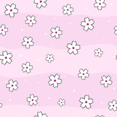 Seamless pattern of hand drawn sakura flowers on a pink background. White blooming flowers in cartoon style. Vector background for shaping the themes of flowering, spring, beauty and Japan.