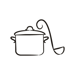 Hand drawn saucepan with lid and ladle. Isolated Contour picture of cooker and scoop in doodle style. Vector illustration on the theme of cooking, kitchen, dishes.