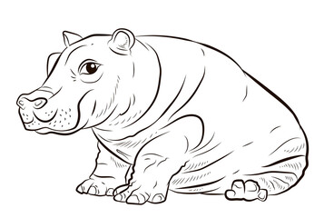 Animals. Black and white image of a large African hippopotamus, coloring book for children.