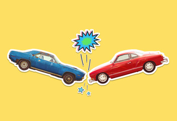 Old vintage car crash illustration in collage cutout style, retro classic vehicle accident on...