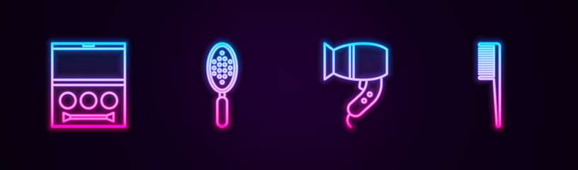 Set line Eye shadow palette, Hairbrush, dryer and . Glowing neon icon. Vector.