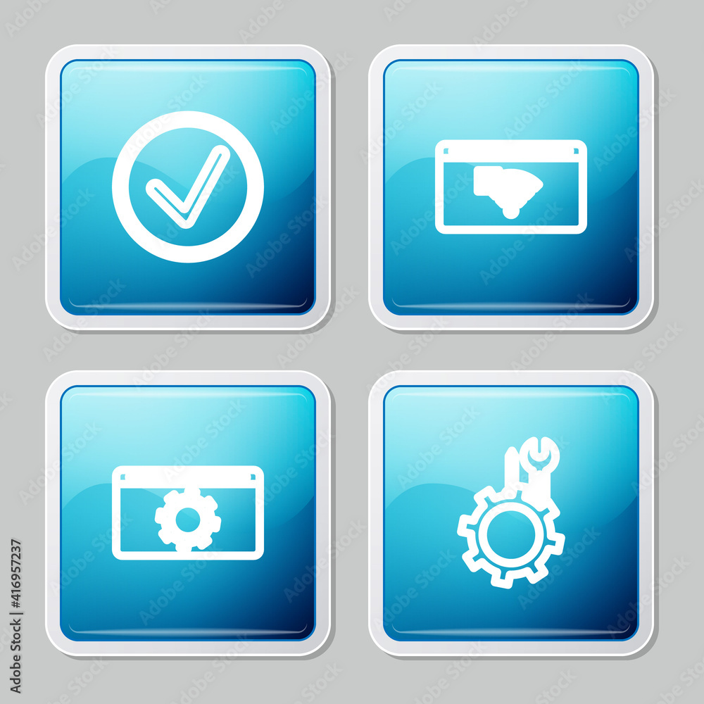 Poster set line check mark in circle, no internet connection, setting and wrench and screwdriver gear icon.