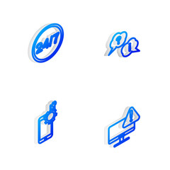 Set Isometric line Question and Exclamation, Clock 24 hours, Mobile service and Monitor with exclamation mark icon. Vector.