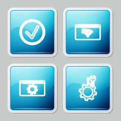 Set line Check mark in circle, No Internet connection, Setting and Wrench and screwdriver gear icon. Vector.