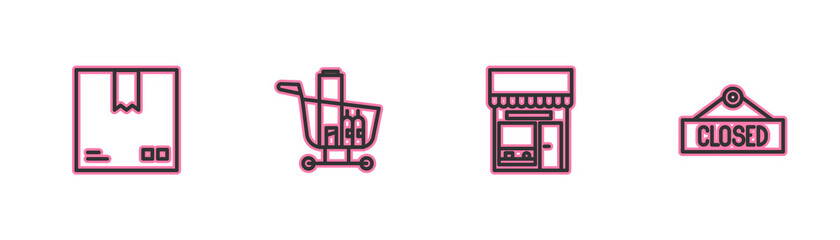Set line Cardboard box with traffic symbol, Shopping building or market store, cart and food and Hanging sign Closed icon. Vector.