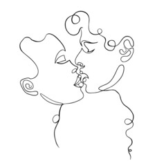 One line hand drawn image.  Ink black and white art. Man and woman faces silhouette on white background.