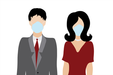Couple of illustration of husband and wife with medical mask. Symbol of adults and covid-19.