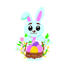 Easter drawing of a bunny with a bunny with Easter eggs and flowers on a white isolated background in a flat style, cartoon. Vector Easter drawing. Easter, holiday, sticker, decoration, printing