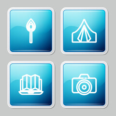 Set line Burning match with fire, Tourist tent, Location of the forest laptop and Photo camera icon. Vector.
