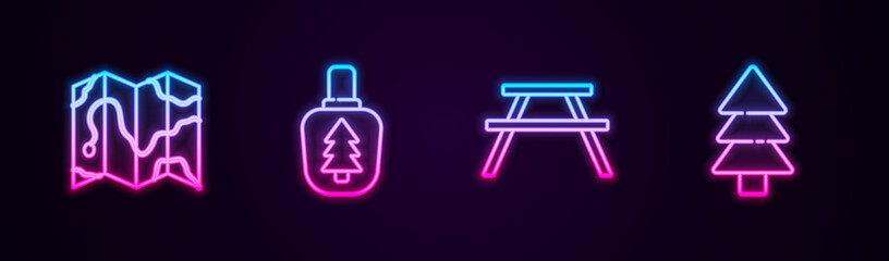 Set line Location of the forest on map, Canteen water bottle, Picnic table with benches and Tree. Glowing neon icon. Vector.