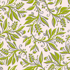 Fototapeta premium Floral seamless pattern with leaves and berries in chartreuse green and cream colors. Hand drawn and digitized. Design for wallpapers, textiles, fabrics.