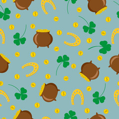 St. Patrick's Day seamless pattern with a money, shamrock, horseshoe and cauldron