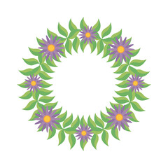 wreath of green leaves and purple flowers, colorful design