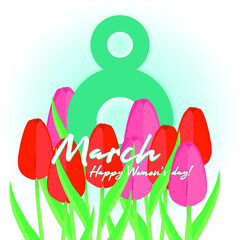 8 March International Women's Day. Card with flowers tulips of pink and red color, an inscription on a light blue background. Vector illustration