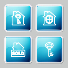 Set line House with key, under protection, Hanging sign text Sold and icon. Vector.