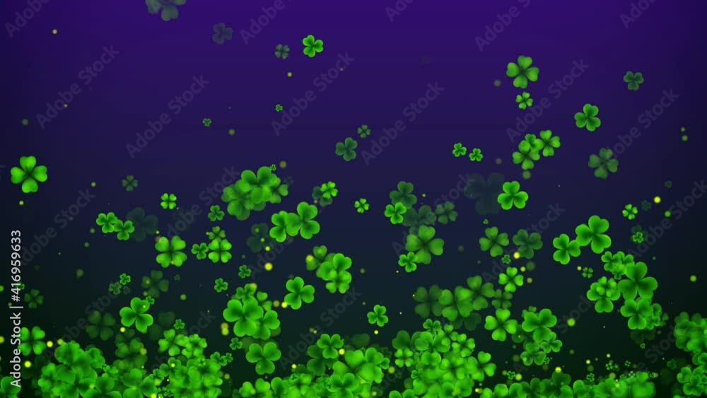 Poster abstract three and four leaf clovers st patrick's day and shiny glitter sparkle dust flying on dark 