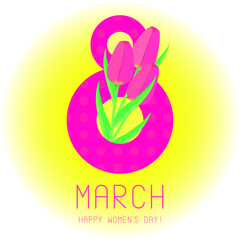 8 March International Women's Day. Card with flowers tulips of pink color, an inscription on a light yellow background. Vector illustration