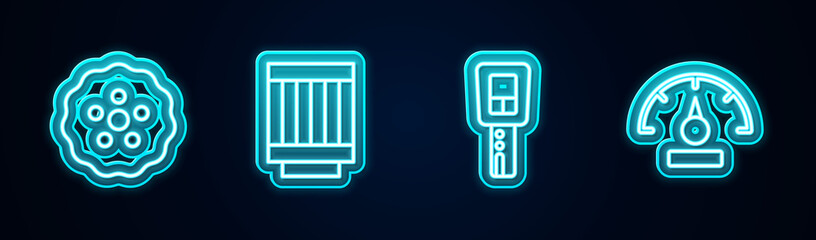 Set line Gear, Car air filter, key with remote and Speedometer. Glowing neon icon. Vector.