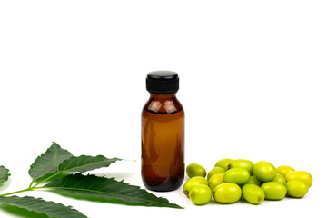 Neem oil in bottle and neem leaf and fruit isolated on white background. Neem oil is an excellent moisturizing oil and contains various compounds that have insecticidal and medicinal properties.