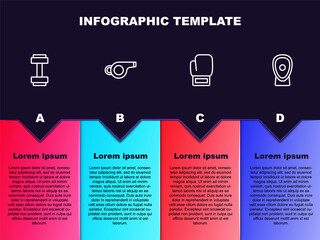 Set line Dumbbell, Whistle, Boxing glove and training paws. Business infographic template. Vector.