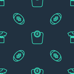 Set line Bathroom scales, American Football ball and T-shirt with fight club MMA on seamless pattern. Vector.