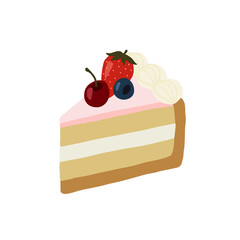 Piece of cake with berries and whipped cream. Vector illustration isolated on a white background
