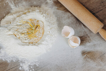 Flour and egg. Preparation for making dough. Cooking concept.