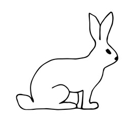 Simple hand-drawn vector drawing in black outline. Hare isolated on white background, easter bunny, forest animal, nature. For prints, stickers, label, children's coloring.