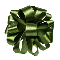 Shiny satin ribbon bow in dark green color isolated on white background close up - 416960450