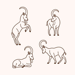 Ibex icon set. Different type of animal. Vector illustration for emblem, badge, insignia.