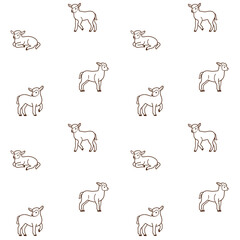 Cartoon lamb - seamless trendy pattern with animal in various poses. Contour vector illustration for prints, clothing, packaging and postcards.