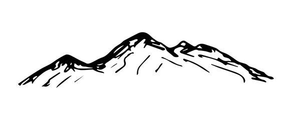 Simple hand-drawn vector drawing in black outline. Nature, panoramic landscape, mountain top. Ink sketch. Tourism, travel, sport. © MaxNadya