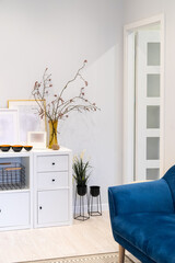 A fragment of the interior of a small cozy light-lined living space. Blue comfortable sofa, white cabinet on which are placed vases with twigs and pictures and a door to another room. Close up